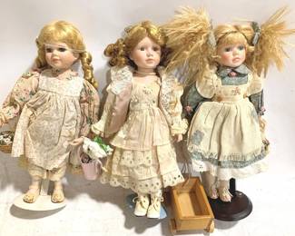 3385 - 3 Porcelain Dolls w/ stands - 18" tall one has wagon
