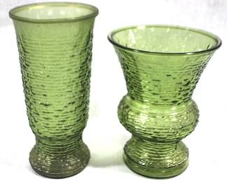 5031 - 2 Green Glass Vases - 8" & 9" Tall
