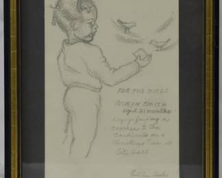 1263 - Gretchen Scales "For the Birds" Pencil Sketch 1986 9.5x7.5

