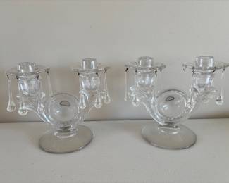 Pair of Vintage Double Candle Holders w/ Tear Drop Crystals 