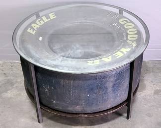 Goodyear Eagle Racing Tire From Matt Kenseth's Winning Car At Kansas City Speedway NASCAR Race On October 21, 2012, Converted Into A Glass Top Table, Table Is 29.5" Diameter And 18.25" Tall
