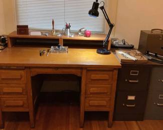 Vintage Wood Desk With Contents Accessories 