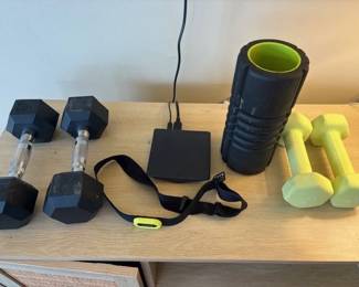 Dumbells, Garmin HR monitor and Roller, Yoga mat...