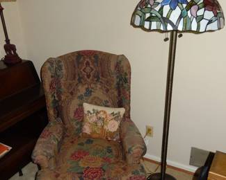 Wing Back Chair And Tiffany Style Floor Lamp