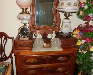 Antique Victorian Dresser And Mirror. 2 GWTW Lamps