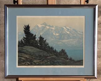 “North Cascades”, a limited edition signed serigraph by listed artist, Roger Berghoff circa 1970s. Signed in pencil and is professionally framed under glass. Edition 50/75. This artwork measures in the frame, 24” H x 30” W. Roger was a native of the northwest. He was born in Naches, Washington. He graduated from Central Washington University. He did graduate work at the Art Center School and the University of Southern California. His art has been sold around the world. During his career Roger created large and small sculpture pieces, mastered the art of pastel portraiture, worked with pen and ink drawings, watercolors, acrylics, and oil painting. He created an extensive line of hand-pulled silkscreen prints called serigraphs. His work is renowned throughout the United States.