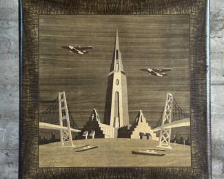 A fantastic card table by Shwayder Bros and marked “Samson Table” circa 1930s. This company later became the infamous Samsonite Luggage Company. Marked “Souvenir Tower of the Sun 1939 World Fair San Francisco” on the front lower left corner. Picture of two bridges, airplanes and pyramid skyscraper. Would be fantastic as an art piece on a wall. This Samson Table measures (when folded out), 25.5” H x 30” W x 30” D.