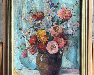 “Floral Still Life”, an original oil on board by listed artist, Elizabeth Warhanik. Signed lower right and housed in a vintage wood frame. This original oil on board measures in the frame, 22.5” H x 18.5” W. Warhanik was one of Seattle’s most prominent early artists. She worked in oil, watercolor, and printmaking. In addition to being a longtime member of the NWWS [Northwest Watercolor Society], Warhanik was one of the founders and the first president of Women Painters of Washington.