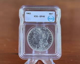 A slabbed 1902 EF45 Morgan Dollar from ICG. ICG started with the idea that the graders should be as objective as possible when looking at a coin. The ownership of the coin should in no way influence the grade the coin receives, nor should the grader’s own motives impact it.