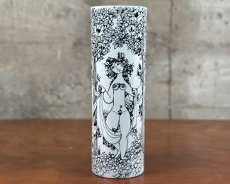 “The Gratier”, a ceramic vase by Bjorn Wiinblad for Nymolle. Signed underneath and in good overall condition from Denmark, circa 1960s. Bjørn Wiinblad, was a Danish painter, designer and artist in ceramics, silver, bronze, textiles, and graphics. His work has been shown widely in Europe, in the United States of America first in 1954 and in Japan, Australia and Canada in 1968. This vase measures 11.25” H x 3.75” W x 3.75” D.