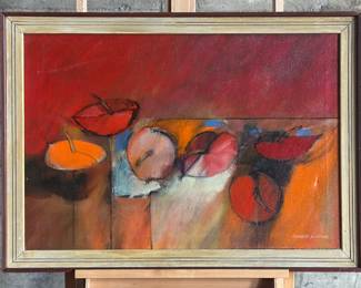 “Antheriums”, an original oil on canvas by listed Oregon artist, Robert Alston. Signed lower right and housed in the original vintage wood frame. The artwork does show some damage as shown in photos. This original work of art on canvas measures in frame, 26” H x 36” W. Alston was an art teacher at Southern Oregon University and was known for his pieces in the 1960s and 1970s.