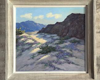 “Landscape”, an original oil on board by listed artist, Russell William Swan. Signed lower left and professionally framed. This original oil on board measures in the frame, 30.25” H x 32.5” W. Russell William Swan (1908 – 1963) was born in Minnesota by Swedish parents and is well known for landscapes and coastal views. He studied at the Otis Art Institute in Los Angeles and the Carmel Institute of Art under John Cunningham.