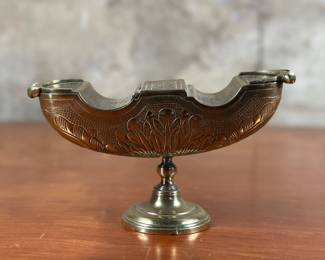 An antique brass incense burner boat with intricate detail and in good overall condition. A special item, measuring 5” H x 8” W x 2.25” D.