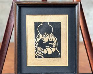 “Blackie”, a signed woodblock print by listed artist, Jack McLarty. Titled on the left and signed on the art as shown in photos. Housed in a vintage wood frame and measures in frame, 8.25” H x 7.25” W. William James McLarty (1919-) was a surrealist painter, printmaker, and teacher of the Pacific Northwest region of the United States.
