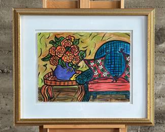 “Come Take A Rest With Me”, an original watercolor by listed artist, Jeannie Hatch. Signed lower right and professionally framed. Also titled and signed on the verso, circa 1998. This original watercolor measures in the frame, 31” H x 36.5” W.