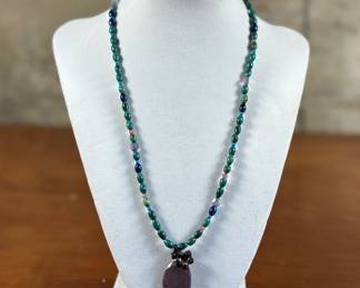 A beautiful Southwestern style necklace with a Peyote Bird on the clasp, marked 925 for sterling silver. This necklace measures 19”.
