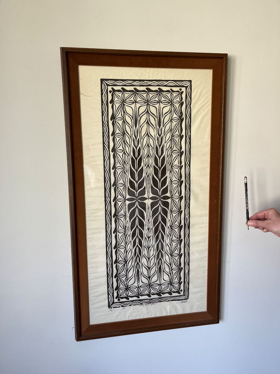 Signed and framed tapa cloth