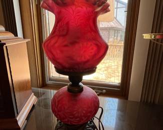 Fenton? cranberry ruffled glass lamp