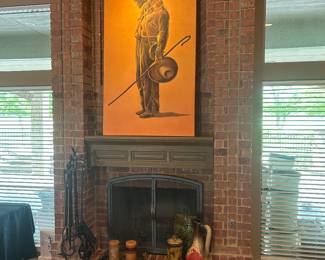 Large framed art, fireplace, tools, home decor
