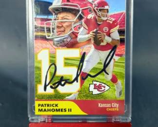 Patrick Mahomes Kansas City Chiefs Reprint Cards, Qty 4, Includes Autograph Collections, 2017 NFL Draft Rookie Card, 2017 Panini Contenders Optic No. 103, And 2017 Panini National Treasures No. RST-PM, All On Stands 
