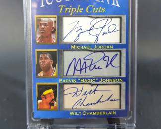 Iconic Ink Triple Cuts Facsimile Cards, Qty 4, Names Include Michael Jordan, Earvin 'Magic" Johnson, Wilt Chamberlain, Tom Brady, Larry Bird, Ted Williams, Wayne Gretzky, Mickey Mantle, Dale Earnhardt Sr, Jeff Gordon, And Jimmie Johnson, All On Stands 