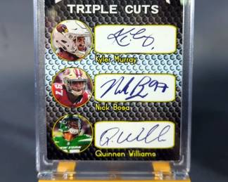 Iconic Ink Triple Cuts Facsimile Cards, Qty 4, Names Include Walter Payton, Jim Brown, Emmett Smith, Joe Montana, Peyton Manning, Tom Brady, Patrick Mahomes, Saquon Barkley, Baker Mayfield, Kyler Murray, Nick Bosa, And Quinnen Williams, All On Stands