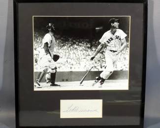 Ted Williams (HOF And MLB All-Century Team) Boston Red Sox Autographed Card, And Photo Of Williams Batting, Framed And Matted Under Glass, 12" X 12" 