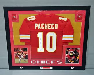 Isiah Pacheco Kansas City Chiefs Autographed Jersey, JSA COA Sticker, Framed And Matted, With Two Photos And Nameplate, 35.5" X 43.5"