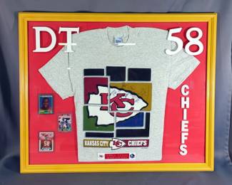 Derrick Thomas (HOF) Kansas City Chiefs Autographed T-Shirt, Three Trading Cards, Framed Under Glass With Nameplate, 29" X 35.5" 