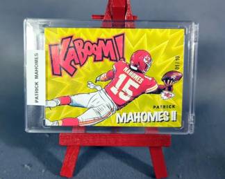 Patrick Mahomes Kansas City Chiefs Reprint Cards, Qty 5, Includes 2017 Rookie Gems Limited Edition Gold, 2017 Panini Contenders Rookie Ticket No. 303, 2021 Panini Absolute No. K29 (Numbered 1/10), 2017 Rookie Gems Limited Edition Gold, And 2017 Panini Prism No. RA-PM, All On Stands 