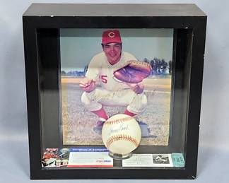 Johnny Bench (HOF And MLB All-Century Team) Cincinnati Reds Autographed Baseball, With PSA/DNA COA Card And Sticker, Bench Autographed 8 x 10 Photo, With In Person Signature Witnessed Note, All In Shadow Box, 11.25" x 11.5"