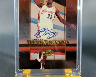 Basketball Reprint Cards, Qty 3, Includes Michael Jordan 1998 Upper Deck No. MJ, LeBron James 2004 Upper Deck Rookie Exclusives No. 41, And Kobe Bryant 3013 Panini National Treasure No. 2, All On Stands