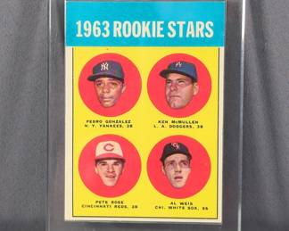 Topps 1963 Rookie Stars Baseball Card No. 537, Players Include Pedro Gonzalez, Ken McMullen, Pete Rose, And Al Weis, Indent In Card Below The Word Rookie 