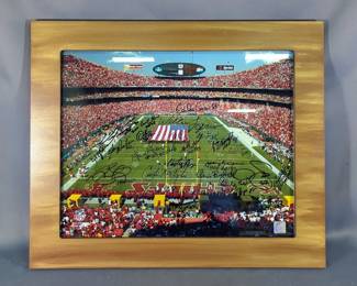 Kansas City Chiefs Team Autographed Photo Of Arrowhead Stadium, Photo Includes 22 Autographs, JSA Letter Of Authenticity, Framed Under Glass, 21" X 25"