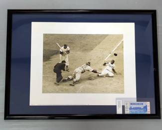 Jackie Robinson (HOF And MLB All-Century Team) Steals Home On May 18th, 1952 Framed Print, 21" X 29", And 1972 World Series Game 2 Ticket From Riverfront Stadium