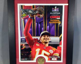 Patrick Mahomes Kansas City Chiefs Super Bowl LVIII Champions Photo, With Bronze Coin From Highland Mint, Limited Edition, Numbered 25/5000, With Certificate Of Authenticity, Framed Under Glass, 16" x 13" 