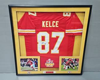 Travis Kelce Kansas City Chiefs Autographed Jersey, P.A.A.S. COA Sticker, In Shadowbox, With Two Photos And Nameplate, 38" x 37.5"