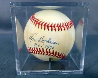 Lou Boudreau (HOF) 1970 Autographed Baseball In Display Case, With New York Sports Collectibles Corp COA
