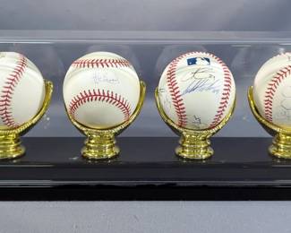 Autographed Baseballs, Includes 4 Balls On Gold Toned Gloves In Display Box, 14 Total Autographs, See Description For Names