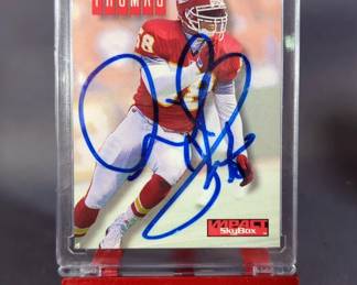 Derrick Thomas (HOF) Kansas City Chiefs Autographed Cards, Includes 1993 Topps Stadium Club No. 492 And 1994 Skybox Impact No. 125, Both On Stands 