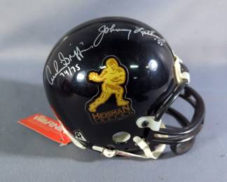 Autographed Riddell Mini Helmet With Heisman Trophy Logo, Signatures Include 53 Johnny Lattner, 55 Howard Cassidy And 74-75 Archie Griffin, In Package 
