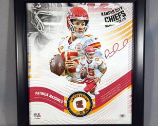 Kansas City Chiefs Authentic Piece Of Game Used Football On Image Of Patrick Mahomes, Limited Edition, Numbered 10/50, With Certificate Of Authenticity From Fanatics, Framed With Nameplate, 17" x 15"