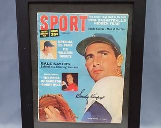 Sandy Koufax (HOF And MLB All-Century Team) Los Angeles Dodgers Autographed Sport Magazine, Framed Under Glass, 12" x 15"