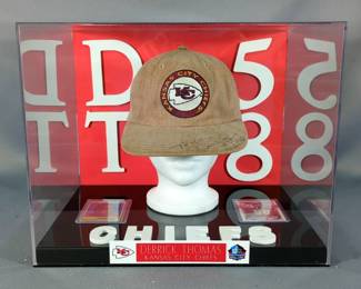 Derrick Thomas (HOF) Kansas City Chiefs Autographed Hat, In Display Case With Two Trading Cards