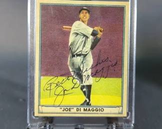 Baseball Reprint Cards, Qty 4, Includes Babe Ruth Big League Chewing Gum No. 53, Joe DiMaggio Gum Inc No. 71, Whitey Ford 1951 Bowman No. 1, And Mickey Mantle 1952 Bowman No. 101, All On Stands 