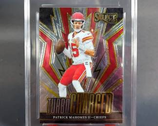 Travis Kelce Kansas City Chiefs 2021 Panini Mosaic Got Game? No. GG-21 Green, Certified By CSG, And Patrick Mahomes 2023 Panini Select Turbocharged No. TUR-PMA, Certified By GMA Grading, Both Graded 10 Gem Mint, Both On Stands 