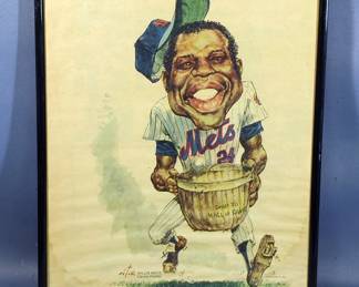 Willie Mays (HOF And MLB All-Century Team) Autographed Printed Photo, 1973 World Series Game 3 Ticket And Bruce Stark Mays Cartoon Caricature, Framed, 11.5" x 14.5"