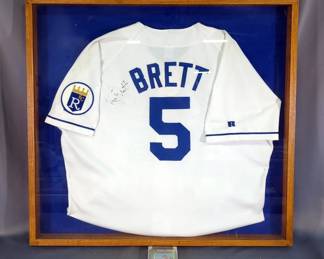 George Brett (HOF) Kansas City Royals Autographed Jersey, In Shadowbox, 32" X 30", With George Brett (HOF) 1975 Topps Baseball Card No. 228