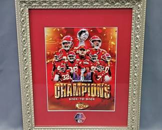 Kansas City Chiefs Team Super Bowl LVIII Champions Back To Back Print, Framed And Double Matted Under Glass With Pin, 16.5" X 13.5" 