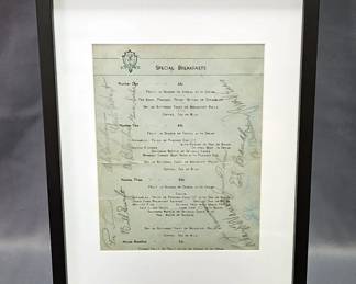 1937 Pittsburgh Pirates Team Autographed Breakfast Menu, Players Include Honus Wagner (HOF), Waite Hoyt (HOF), Arky Vaughan (HOF), Lloyd Waner (HOF), Pie Traynor (HOF), And More, See Description, 13 Total Autographs, Framed And Matted, 15" x 12"